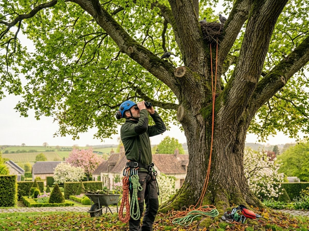 Inspection d'un arbre avant élagage pendant la période de nidification