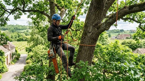 Élagueur professionnel réalisant un élagage d'arbre en sécurité