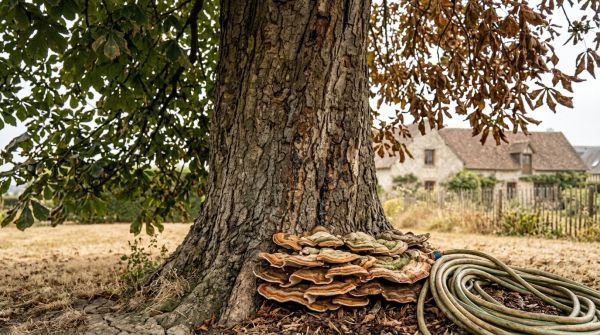 Arbre malade avec champignons au pied