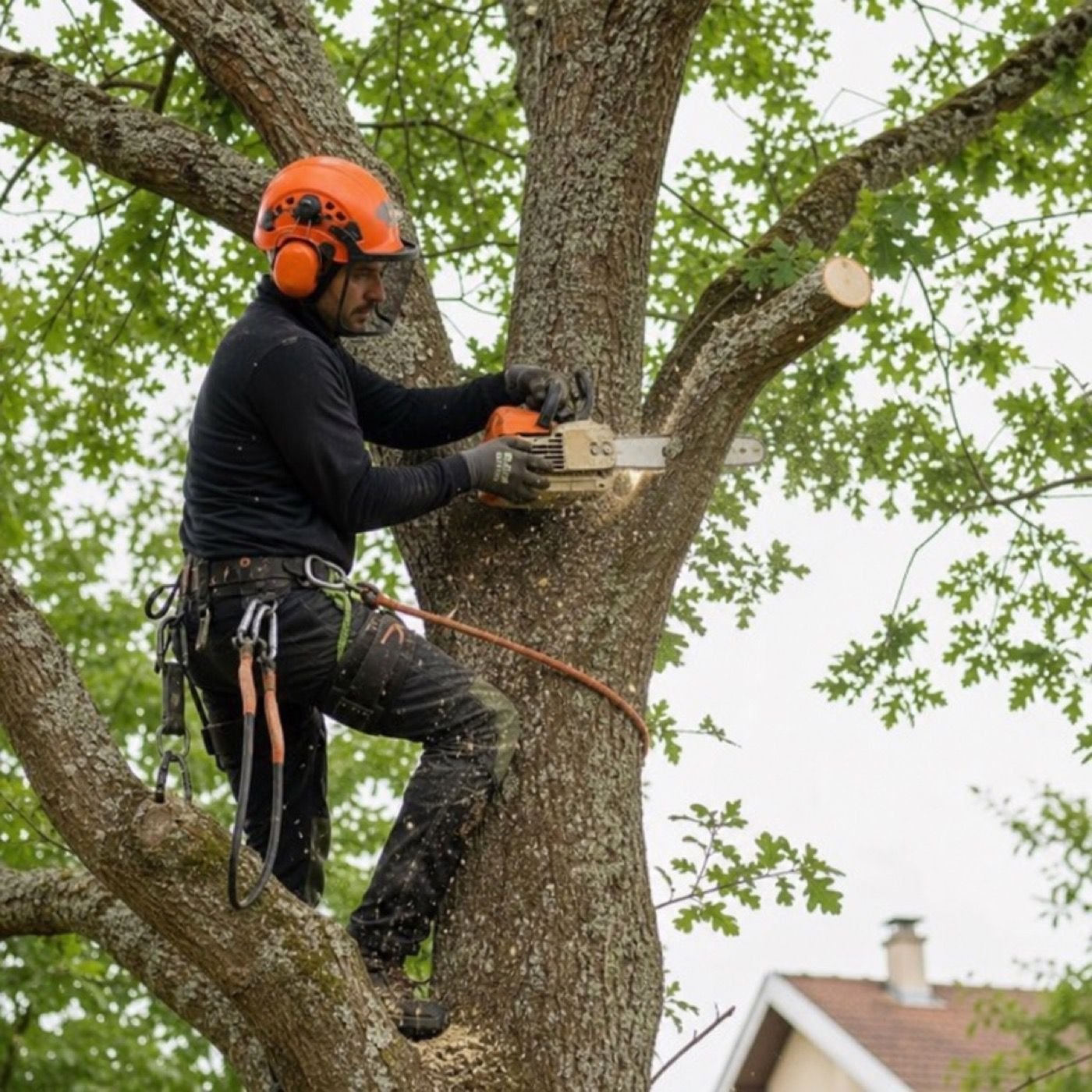 Élagueur professionnel taillant un arbre avec précision en hauteur