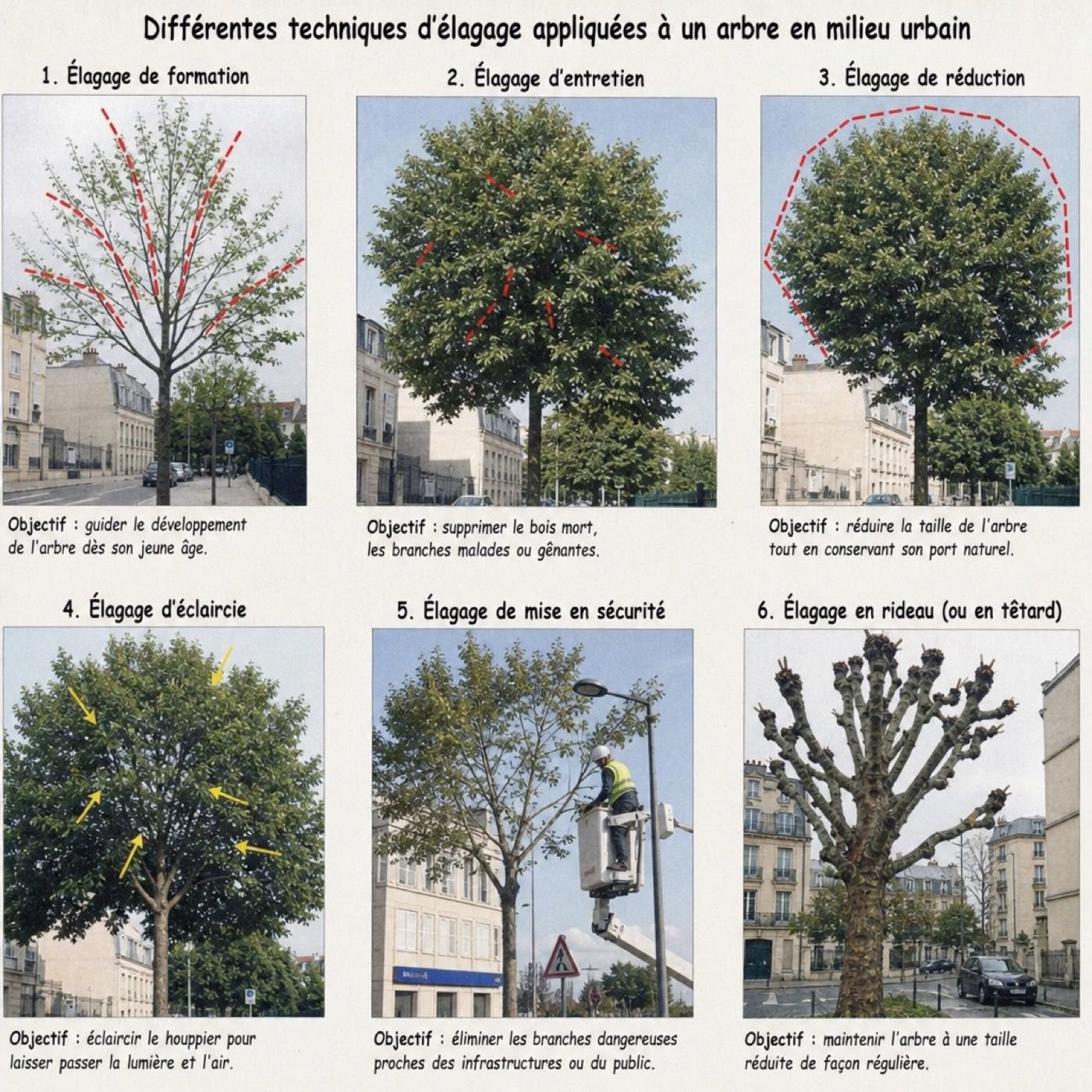 Techniques d'élagage appliquées à un arbre en milieu urbain